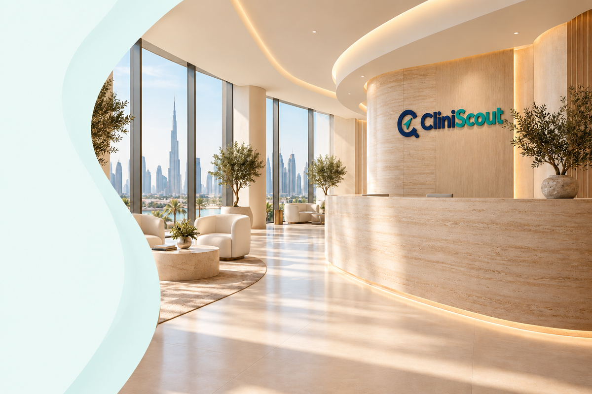 Illustrative CliniScout reception with flowing mint curve and soft layered shading